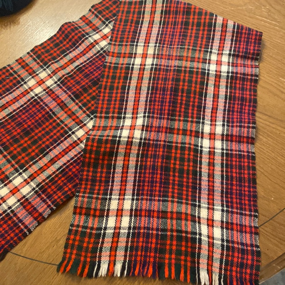 Red Black Tan & Cream Tartan Plaid Wool Fringe Scarf